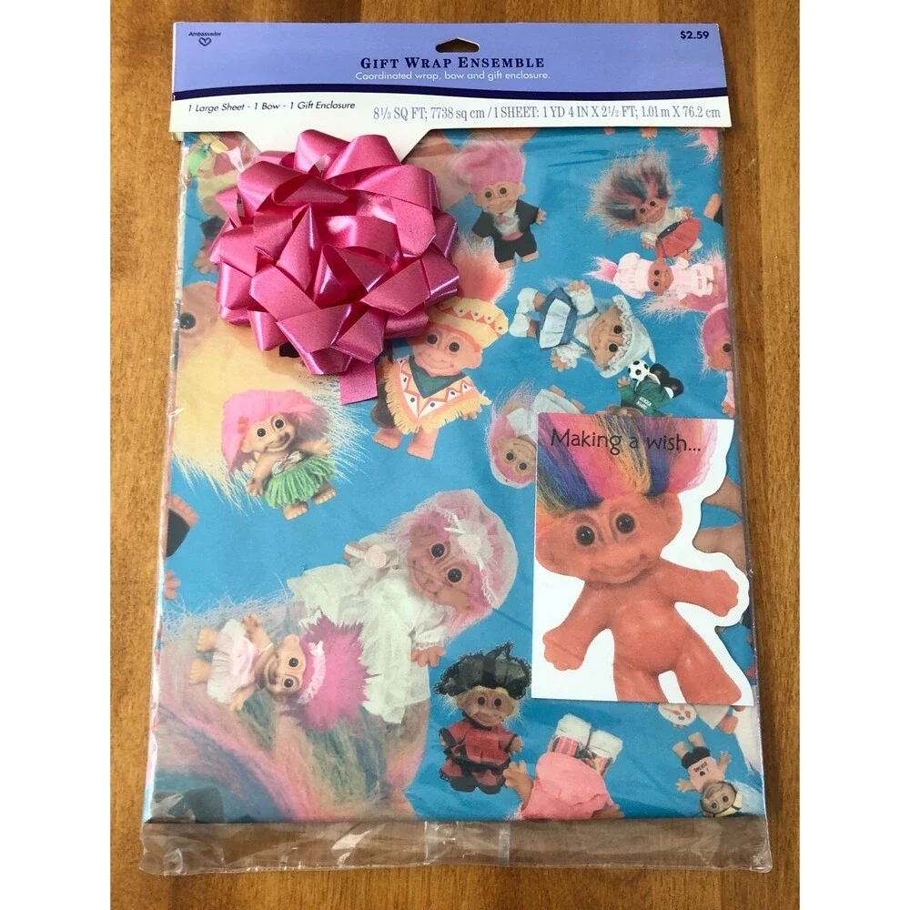 Hallmark Gift Wrap Ensemble TROLLS Gift Wrap Bow Card VINTAGE NEW